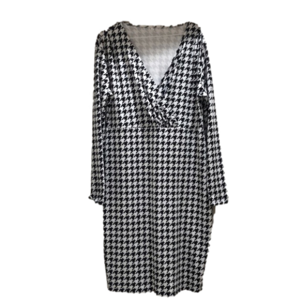DEEP V Neck Women Party Dresses Mujer Fashion Lady Houndstooth